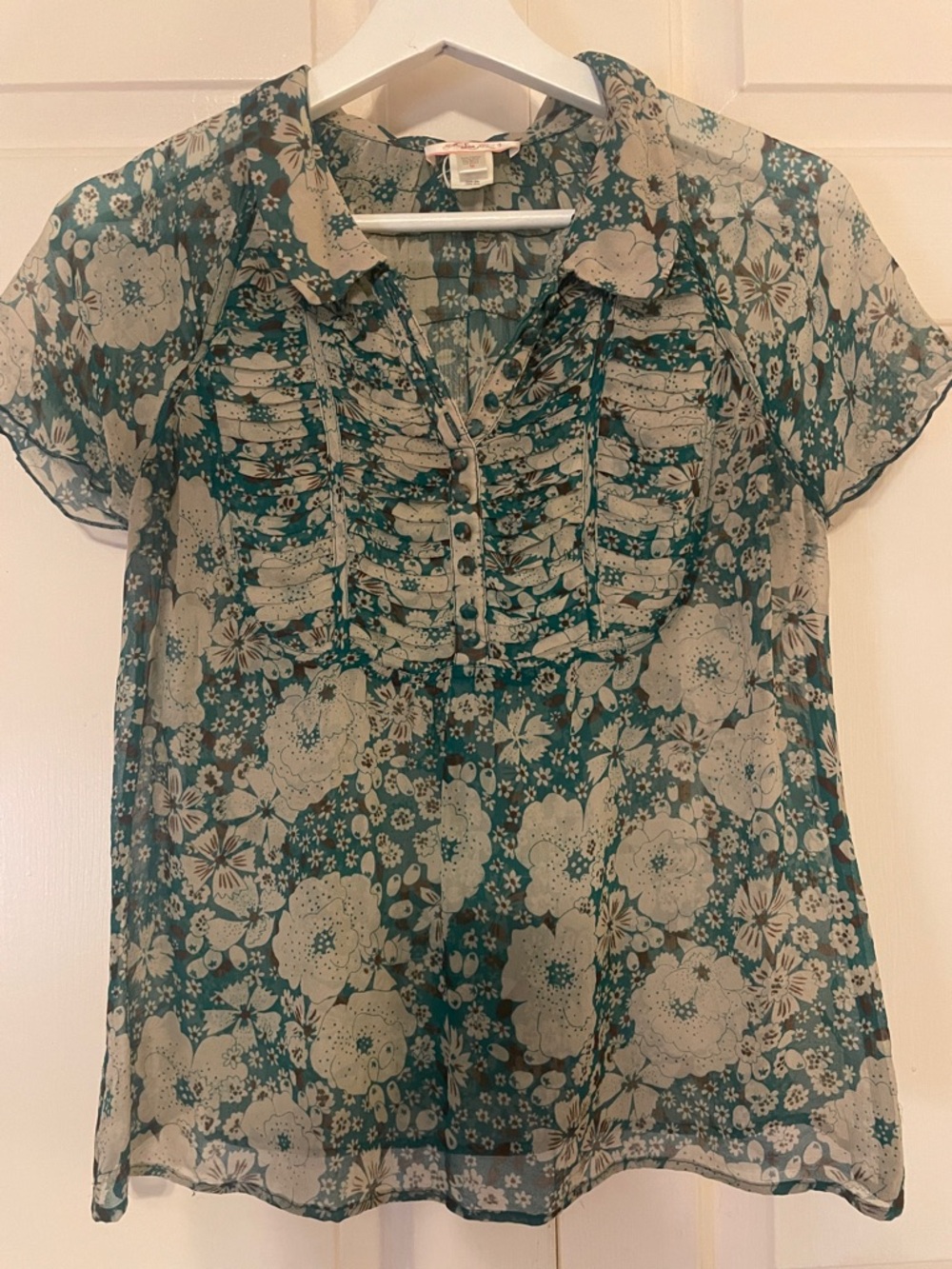 Lux 100% silk Teal Floral Ruffle Front Blouse boho size M sheer